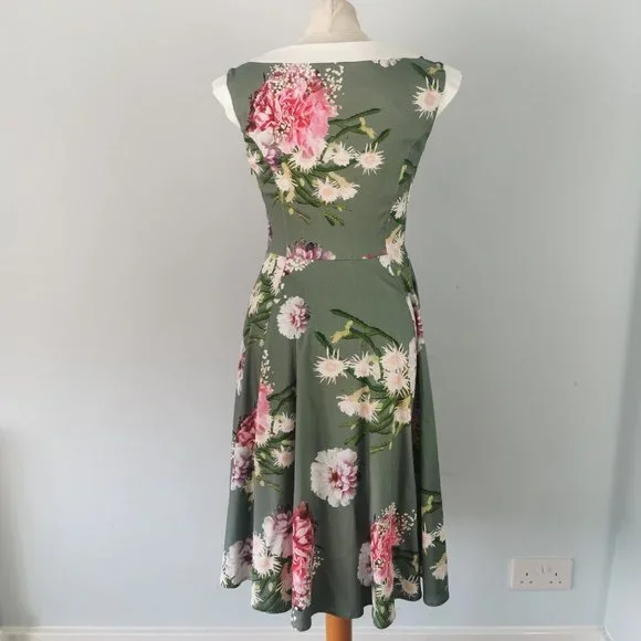 HEARTS & ROSES Floral Hepburn Dress Fit Flare 50s Fifties Wedding Party UK 10 - Picture 4 of 9